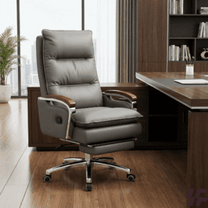 "Black executive leather office chair with padded seat, ergonomic backrest, and swivel base."