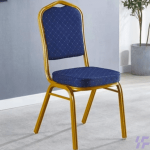 Blue banquet chair with cushioned seat and metal frame in an event hall