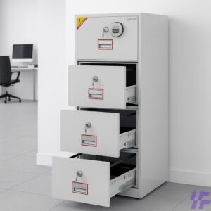 4 Drawer Diplomat Safe Box with fireproof and secure lockable drawers, heavy-duty steel construction, ideal for office and home document storage, displayed in modern office setting