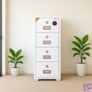 4 Drawer Diplomat Safe Box with fireproof and secure lockable drawers, heavy-duty steel construction, ideal for office and home document storage, displayed in modern office setting