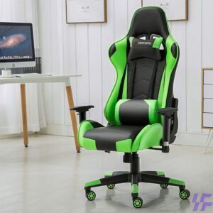 Green adjustable gaming chair with ergonomic high-back design, lumbar support, adjustable armrests, and reclining function, comfortable seating for gaming, office work, and home setups in Kenya.
