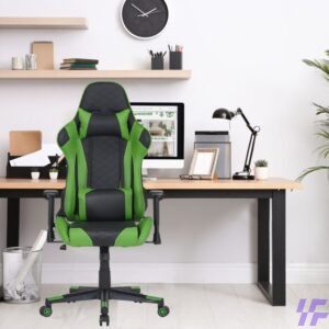 Green adjustable gaming chair with ergonomic high-back design, lumbar support, adjustable armrests, and reclining function, comfortable seating for gaming, office work, and home setups in Kenya.