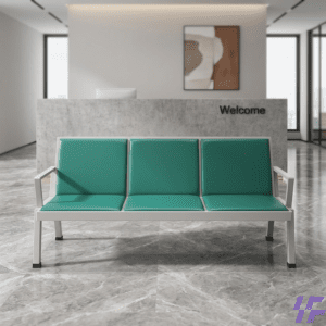 Green waiting bench with durable metal frame and comfortable cushioned seating, stylish multi-seat visitor bench ideal for office receptions, hospitals, and public waiting areas in Kenya.