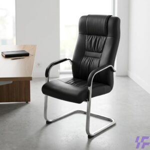 Black leather conference chair with premium cushioned seating, ergonomic back support, and sturdy chrome frame, elegant meeting room chair for boardrooms, conference halls, and corporate offices in Kenya.