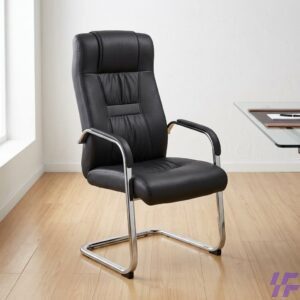 Black leather conference chair with premium cushioned seating, ergonomic back support, and sturdy chrome frame, elegant meeting room chair for boardrooms, conference halls, and corporate offices in Kenya.
