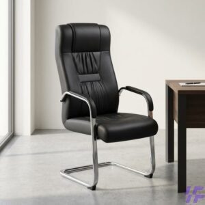 Black leather conference chair with premium cushioned seating, ergonomic back support, and sturdy chrome frame, elegant meeting room chair for boardrooms, conference halls, and corporate offices in Kenya.