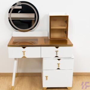 White modern dressing table with spacious tabletop, integrated storage drawers, and elegant contemporary design, stylish vanity furniture for bedrooms and dressing spaces in Kenya.