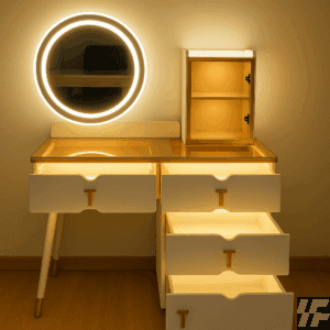 White modern dressing table with spacious tabletop, integrated storage drawers, and elegant contemporary design, stylish vanity furniture for bedrooms and dressing spaces in Kenya.