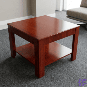 Minimalist studio shot of a classic square 0.6M Mahogany Coffee Table showcasing its rich reddish-brown wood grain surface and dual-tier storage shelf.