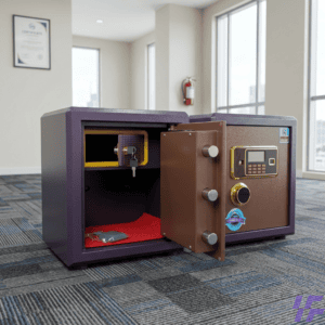 Heavy duty brown and purple 60kg Modern Digital Fireproof Safe showing its secure front door with an integrated electronic digital keypad.