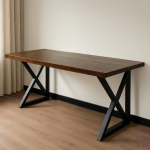Industrial Style Wooden Study Table with Metal X-Frame Legs
