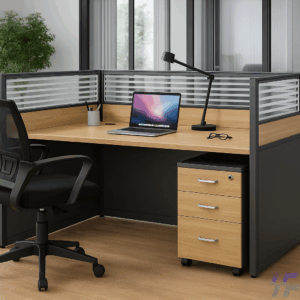 1-Way Modular Workstation – Wood Finish with Privacy Panel