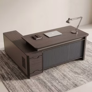 Minimalist Modern Executive Office Desk featuring a sleek dark wood surface, clean metallic accents, and integrated side storage cabinets.