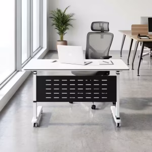 Minimalist white Modern Foldable Office Table showing its metal legs folded flat against the tabletop for space-saving storage.