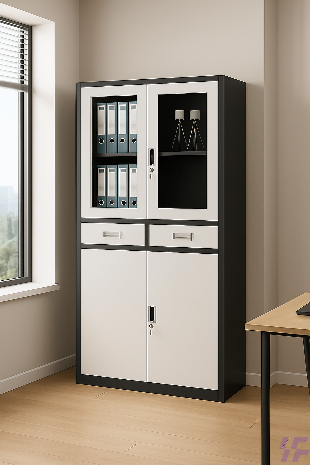 Modern Office Filing Cabinet with Glass & Steel Doors
