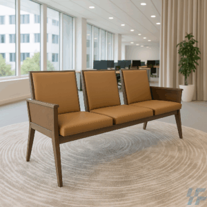 3-link padded reception bench with stainless steel frame and black PU leather seat for waiting rooms