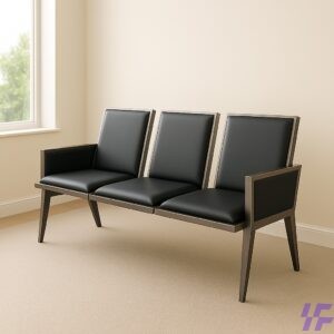 3-link padded reception bench with stainless steel frame and black PU leather seat for waiting rooms