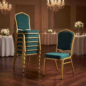Green heavy duty banquet chair with cushioned seat and reinforced metal frame in an event hall