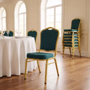 Green heavy duty banquet chair with cushioned seat and reinforced metal frame in an event hall