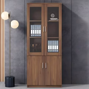 2 door wooden filing cabinet in a professional office setting