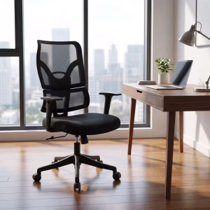 Orthopedic office chair with ergonomic back support in a modern office