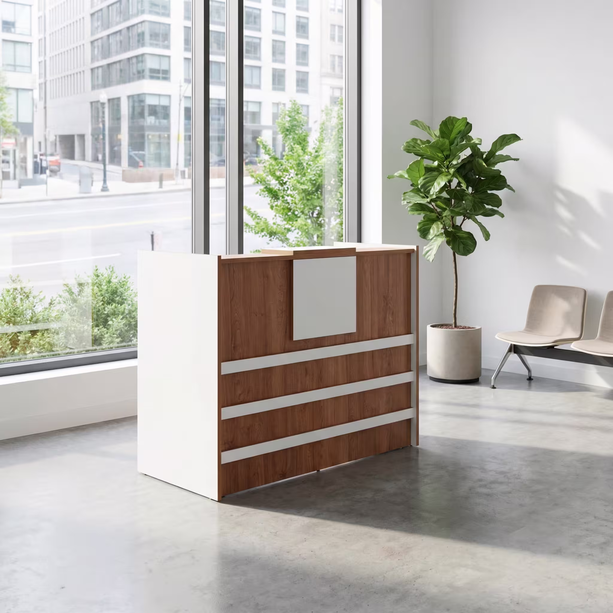 1.6M Modern Reception Desk – Walnut & White Finish 1.6M modern reception desk for offices