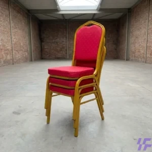 Commercial Red Stackable Banquet Chair with Gold Steel Frame and Padded Fabric Seat – Heavy-Duty Event and Wedding Seating