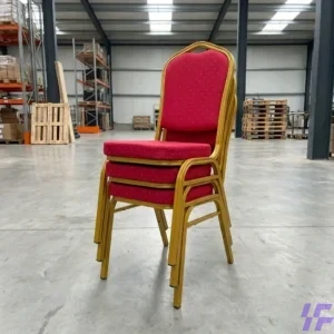 Commercial Red Stackable Banquet Chair with Gold Steel Frame and Padded Fabric Seat – Heavy-Duty Event and Wedding Seating