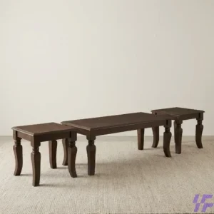 3-Piece Solid Dark Wood Coffee Table Set with Matching Square Nesting Side Tables and Elegant Curved Legs – Modern Living Room Furniture