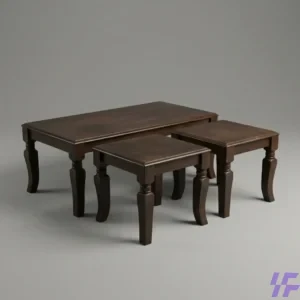 3-Piece Solid Dark Wood Coffee Table Set with Matching Square Nesting Side Tables and Elegant Curved Legs – Modern Living Room Furniture