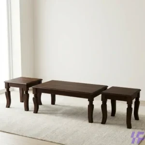 3-Piece Solid Dark Wood Coffee Table Set with Matching Square Nesting Side Tables and Elegant Curved Legs – Modern Living Room Furniture