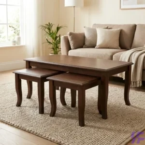 3-Piece Solid Dark Wood Coffee Table Set with Matching Square Nesting Side Tables and Elegant Curved Legs – Modern Living Room Furniture