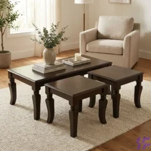 3-Piece Solid Dark Wood Coffee Table Set with Matching Square Nesting Side Tables and Elegant Curved Legs – Modern Living Room Furniture