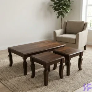 3-Piece Solid Dark Wood Coffee Table Set with Matching Square Nesting Side Tables and Elegant Curved Legs – Modern Living Room Furniture