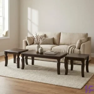 3-Piece Solid Dark Wood Coffee Table Set with Matching Square Nesting Side Tables and Elegant Curved Legs – Modern Living Room Furniture
