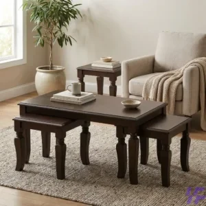 3-Piece Solid Dark Wood Coffee Table Set with Matching Square Nesting Side Tables and Elegant Curved Legs – Modern Living Room Furniture