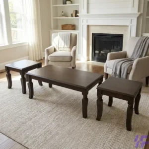 3-Piece Solid Dark Wood Coffee Table Set with Matching Square Nesting Side Tables and Elegant Curved Legs – Modern Living Room Furniture