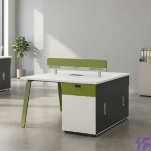 Modern 2-person office workstation featuring a white rectangular desktop, integrated green and grey storage cabinets, and a lime green acoustic privacy screen in a bright, minimalist office setting.