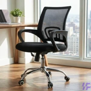Ergonomic black mesh office chair with breathable high back, padded seat, fixed armrests, and chrome swivel base on wheels, styled on a neutral rug for a home office or professional workspace.