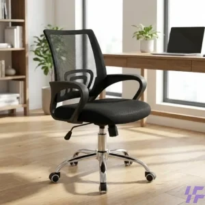 Ergonomic black mesh office chair with breathable high back, padded seat, fixed armrests, and chrome swivel base on wheels, styled on a neutral rug for a home office or professional workspace.