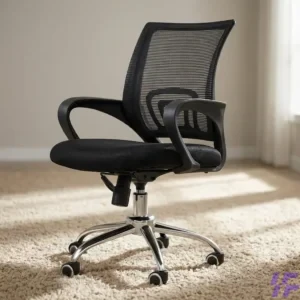 Ergonomic black mesh office chair with breathable high back, padded seat, fixed armrests, and chrome swivel base on wheels, styled on a neutral rug for a home office or professional workspace.