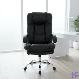 Gemini said An ergonomically designed high-back leather executive office chair featuring deep-padded lumbar support and a premium contoured seat for maximum comfort in professional and home office environments. This commercial-grade desk chair is upholstered in sleek black bonded leather and supported by a heavy-duty chrome swivel base with smooth-rolling casters, making it the perfect executive seating solution for enhancing productivity and maintaining proper posture during long work sessions.