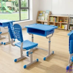Blue adjustable kids study desk and chair set with ergonomic design, height-adjustable legs, sturdy metal frame, and plastic tabletop with storage compartment, ideal for children’s study rooms, classrooms, homeschooling, and modern educational spaces in Kenya.