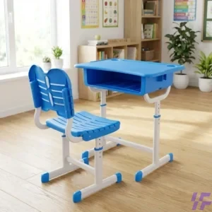 Blue adjustable kids study desk and chair set with ergonomic design, height-adjustable legs, sturdy metal frame, and plastic tabletop with storage compartment, ideal for children’s study rooms, classrooms, homeschooling, and modern educational spaces in Kenya.
