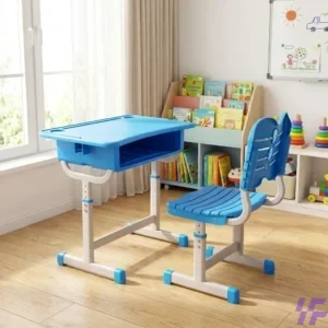 Blue adjustable kids study desk and chair set with ergonomic design, height-adjustable legs, sturdy metal frame, and plastic tabletop with storage compartment, ideal for children’s study rooms, classrooms, homeschooling, and modern educational spaces in Kenya.