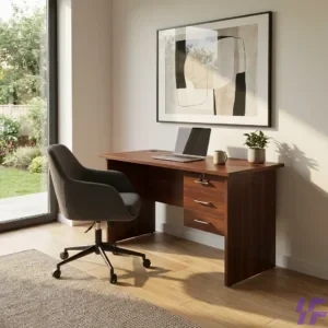 Modern 1.0m cherry wood study desk with three drawers, featuring a laptop, mug, and succulent on a spacious tabletop against a neutral wall.