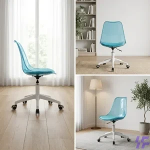 Modern blue Eames swivel chair with a transparent molded seat, white wheeled base, and ergonomic design, ideal for home office, study room, or contemporary workspace décor.