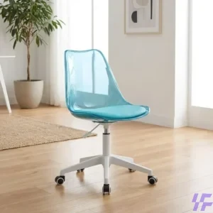 Modern blue Eames swivel chair with a transparent molded seat, white wheeled base, and ergonomic design, ideal for home office, study room, or contemporary workspace décor.