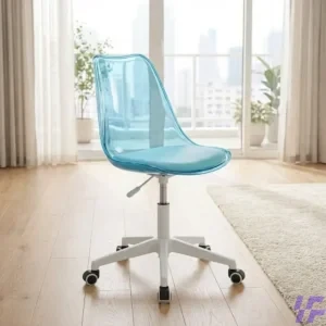 Modern blue Eames swivel chair with a transparent molded seat, white wheeled base, and ergonomic design, ideal for home office, study room, or contemporary workspace décor.