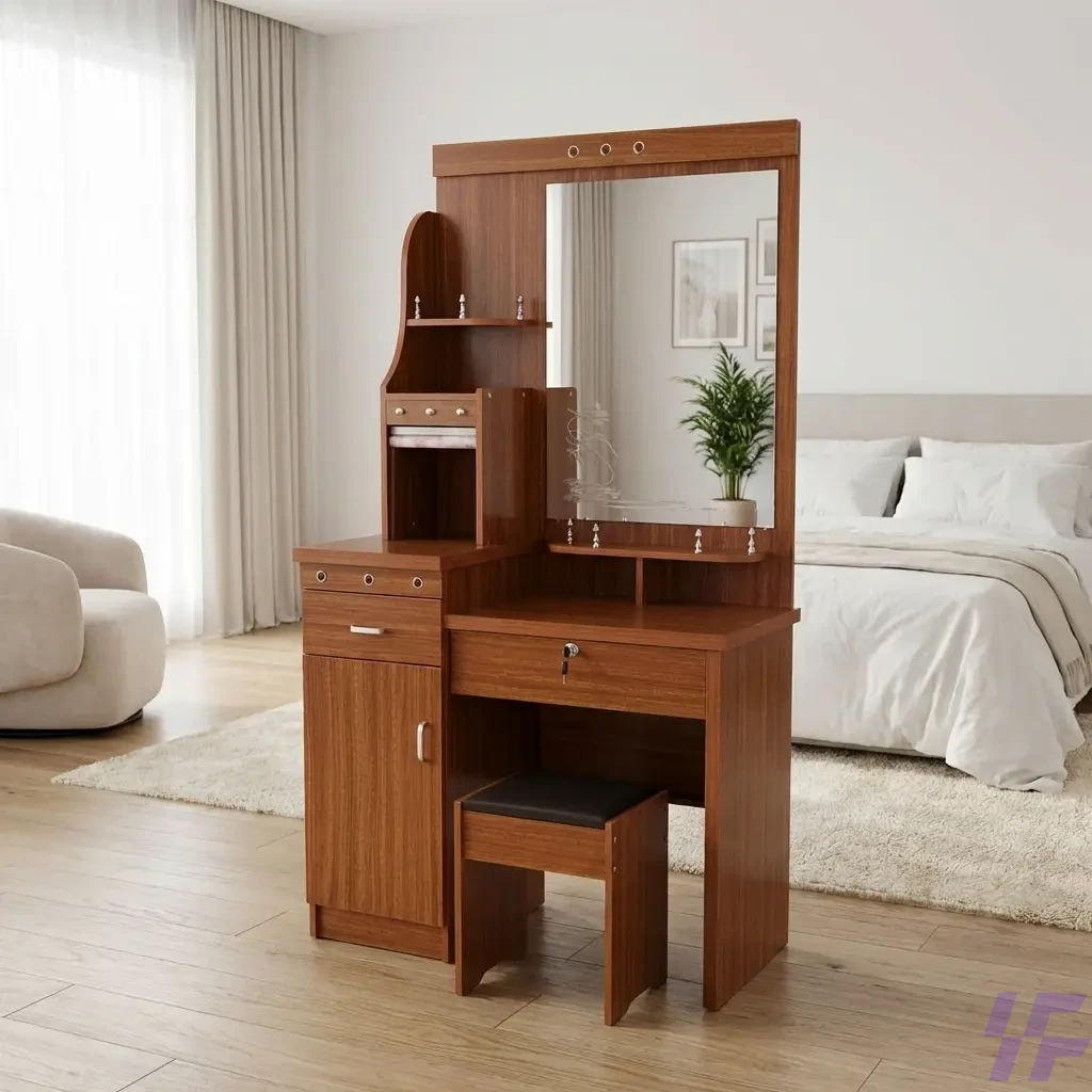 Elegant Brown Dressing Table A modern elegant brown wooden dressing table with multiple drawers, shelves, a large mirror, and a matching cushioned stool, placed in a bright, minimalist bedroom with a bed and armchai